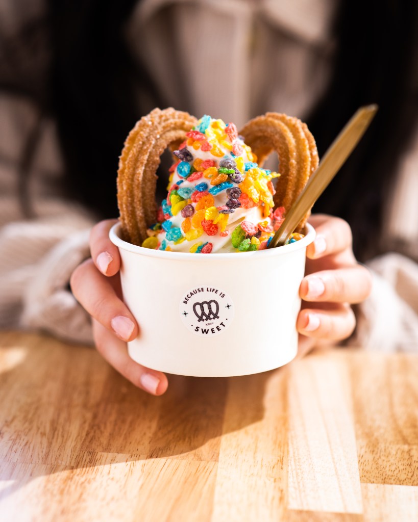 XRO churros served with soft serve and toppings